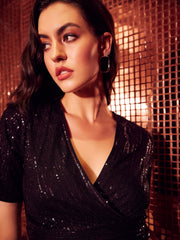 athena black embellished v neck sequin crop top