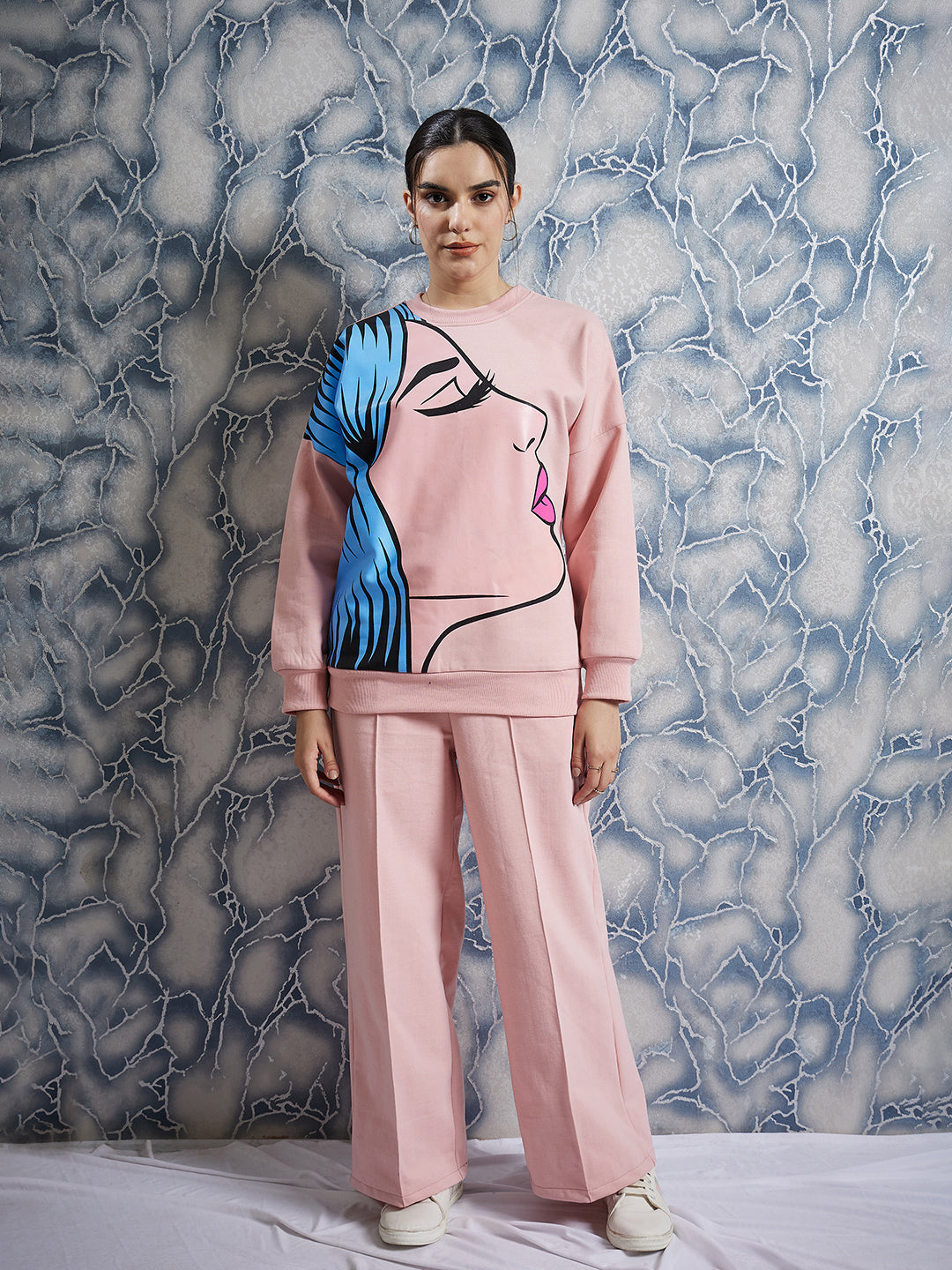 athena peach graphic printed drop shoulder sleeves fleece pullover