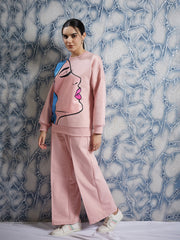 athena peach graphic printed drop shoulder sleeves fleece pullover