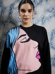athena black graphic printed drop shoulder sleeves fleece pullover