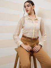 shally bhasin by athena self design cuffed sleeves lace inserts semi sheer shirt style top