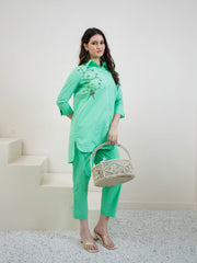 pure cotton embroidered shirt with trouser co ords