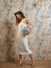 athena white fringed detailed strapless scuba bodycon midi dress