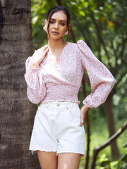 athena women pink green floral print wrap crop top