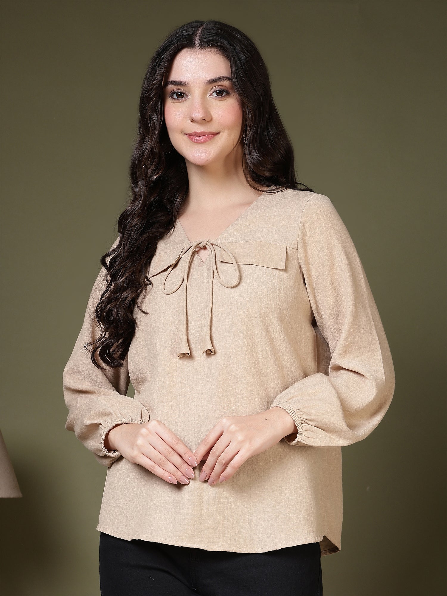 women tie neck long sleeve casual top for office daily wear 1