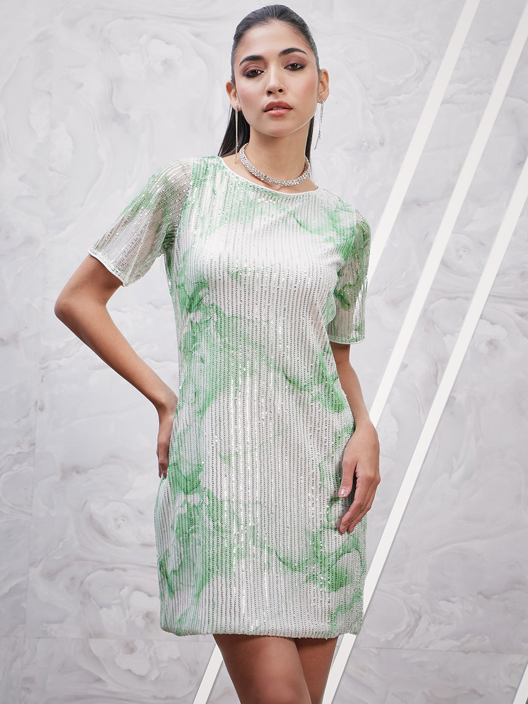 athena green printed round neck sequined net sheath dress