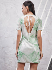 athena green printed round neck sequined net sheath dress