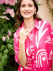 athena pink white abstract printed linen shirt style top
