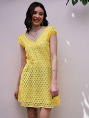 athena yellow v neck puff sleeves schiffli cotton mini fit and flare dress