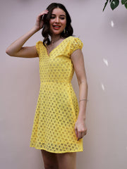 athena yellow v neck puff sleeves schiffli cotton mini fit and flare dress