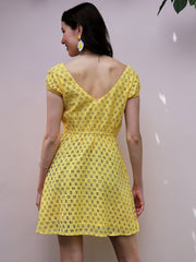 athena yellow v neck puff sleeves schiffli cotton mini fit and flare dress
