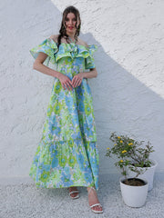 athena green floral printed halter neck tiered gathered crepe maxi midi dress