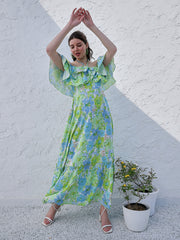 athena green floral printed halter neck tiered gathered crepe maxi midi dress