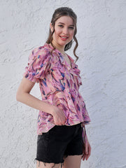 athena lavender floral printed v neck puff sleeves ruffles detailed top