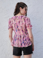 athena lavender floral printed v neck puff sleeves ruffles detailed top