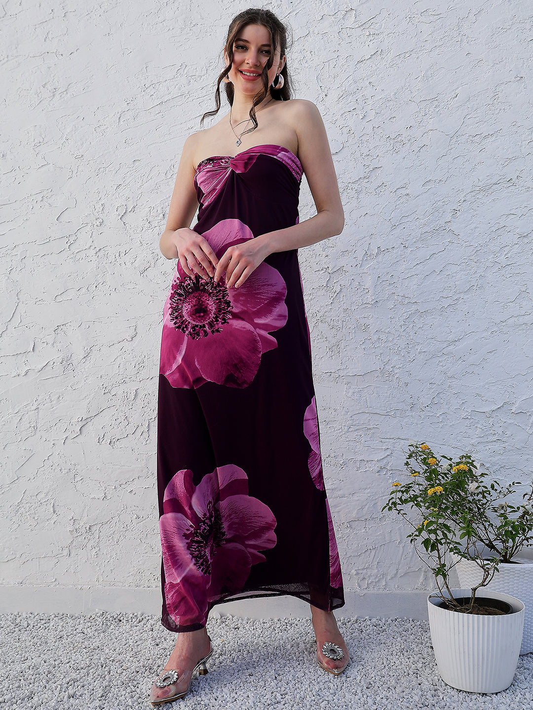 athena purple floral printed strapless maxi dress