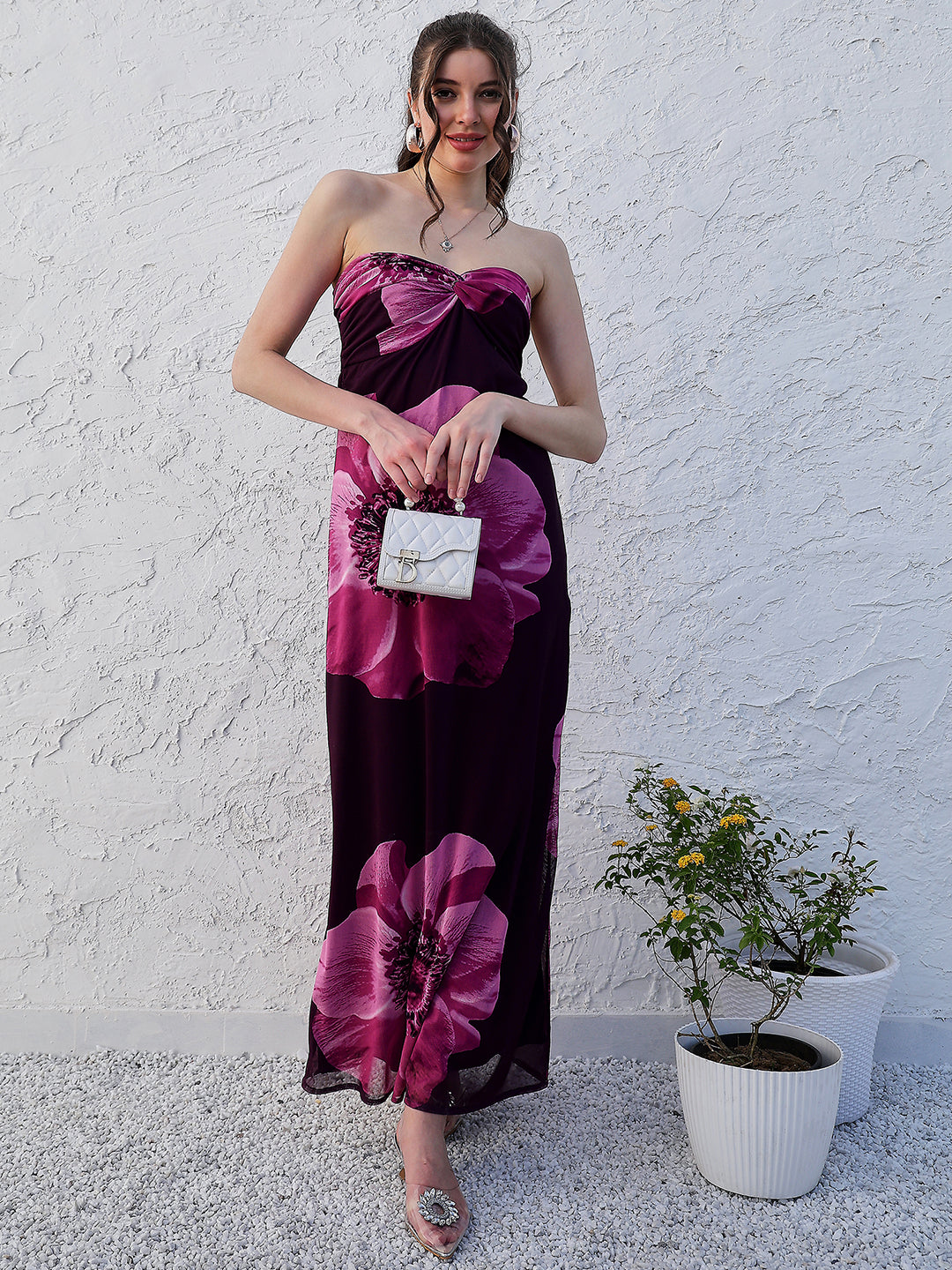 athena purple floral printed strapless maxi dress