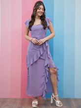athena lavender square neck flutter sleeves ruffled detailed maxi dress