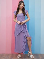 athena lavender square neck flutter sleeves ruffled detailed maxi dress