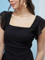 athena black square neck flutter sleeves ruffled detailed maxi dress