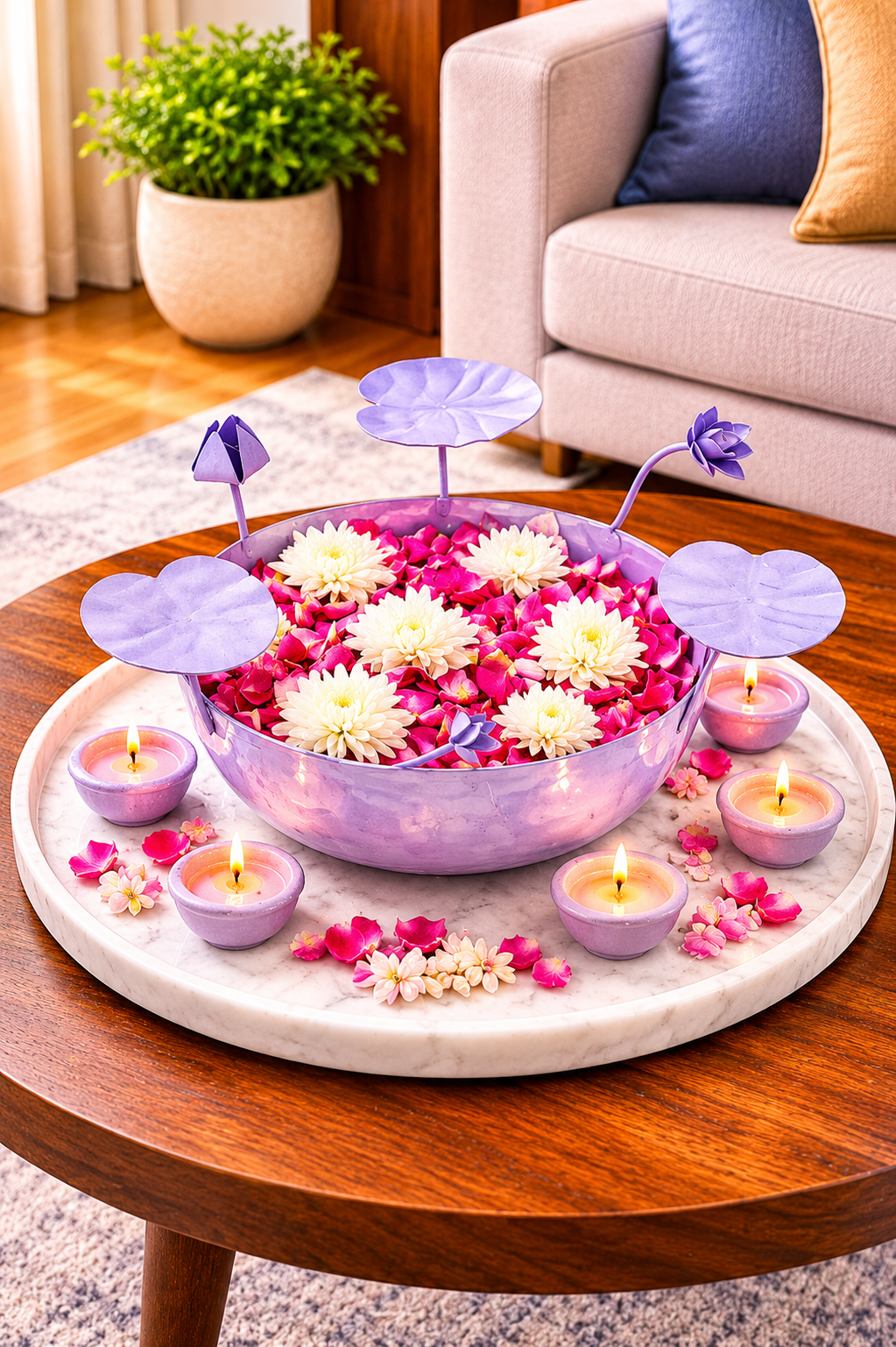 galvanized metal urli bowl for floating flowers candles decorative urli with lotus stems for home festival decor pink copy