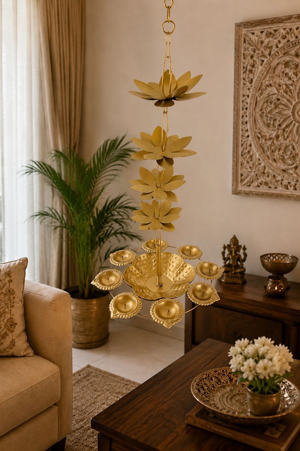 premium hanging lotus urli with 9 diya holders decorative metal hanging urli for floating flowers candles water decor traditional hanging diya urli for diwali pooja wedding home decoration