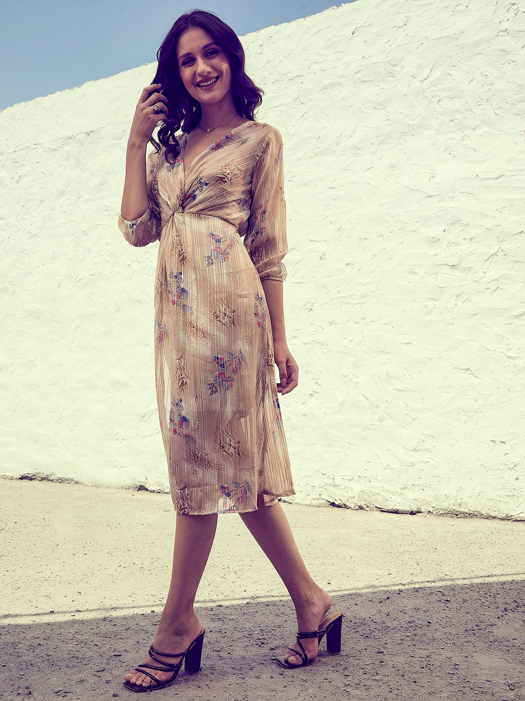 athena floral print chiffon fit flare dress