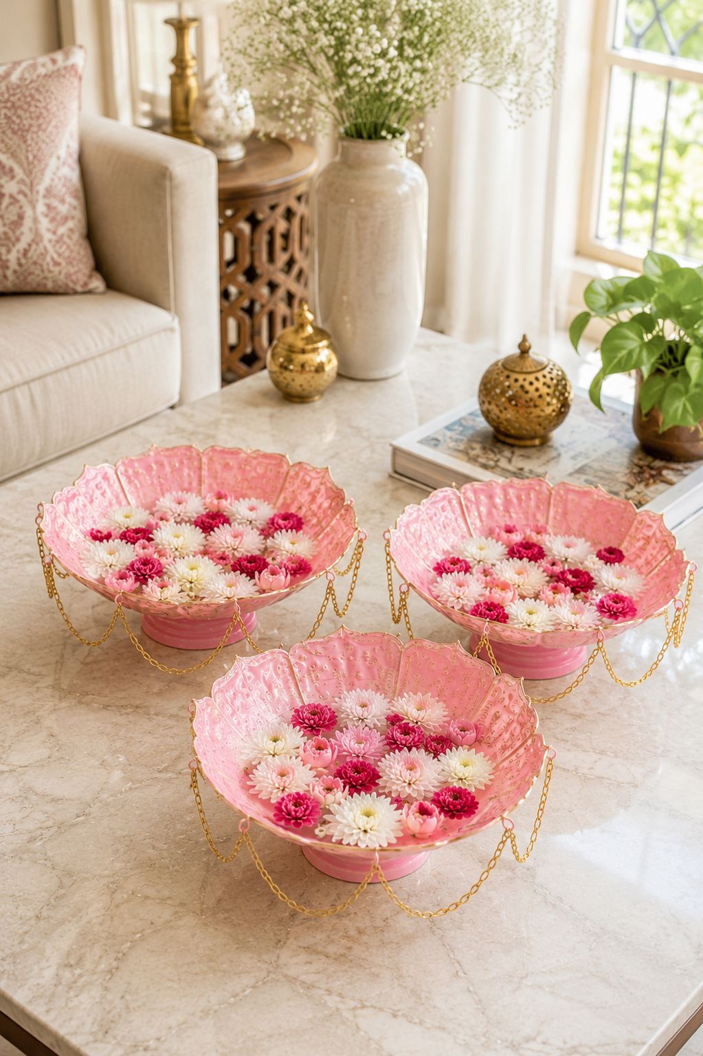 premium pink lotus urli bowl set of 3 with decorative chain handcrafted metal floating flower bowls for water candles tea lights decorative urli for diwali wedding pooja home decor