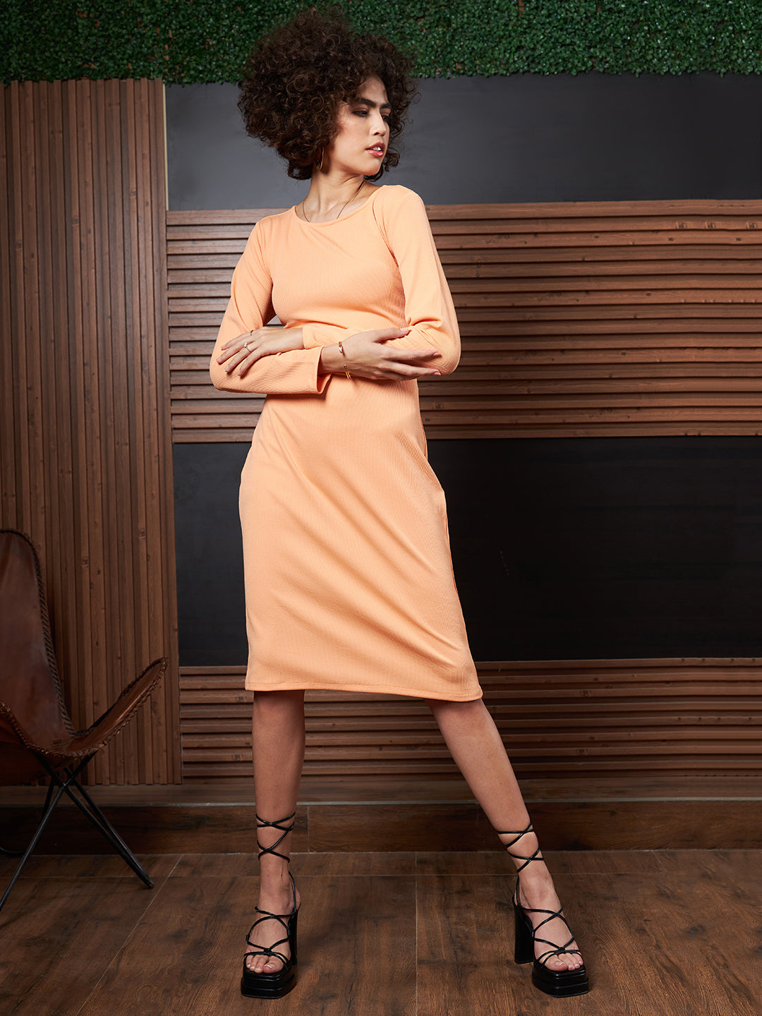 athena peach coloured round neck long sleeves tie ups sheath dress