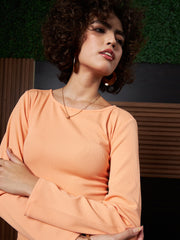 athena peach coloured round neck long sleeves tie ups sheath dress