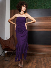 athena purple ruffled strapless asymmetric hem maxi dress