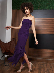 athena purple ruffled strapless asymmetric hem maxi dress