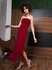 athena red ruffled strapless asymmetric hem maxi dress