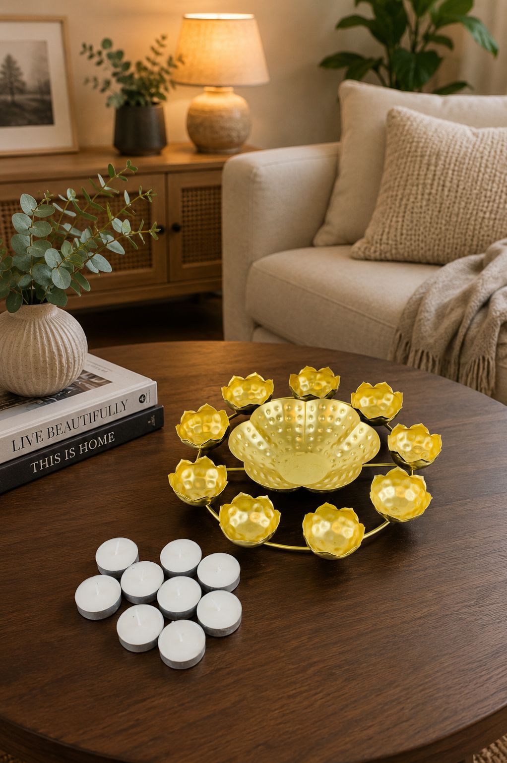 premium lotus urli bowl with 8 tea light holders hammered metal decorative floating flower bowl gold finish centerpiece for diwali pooja weddings festivals home decor gifting