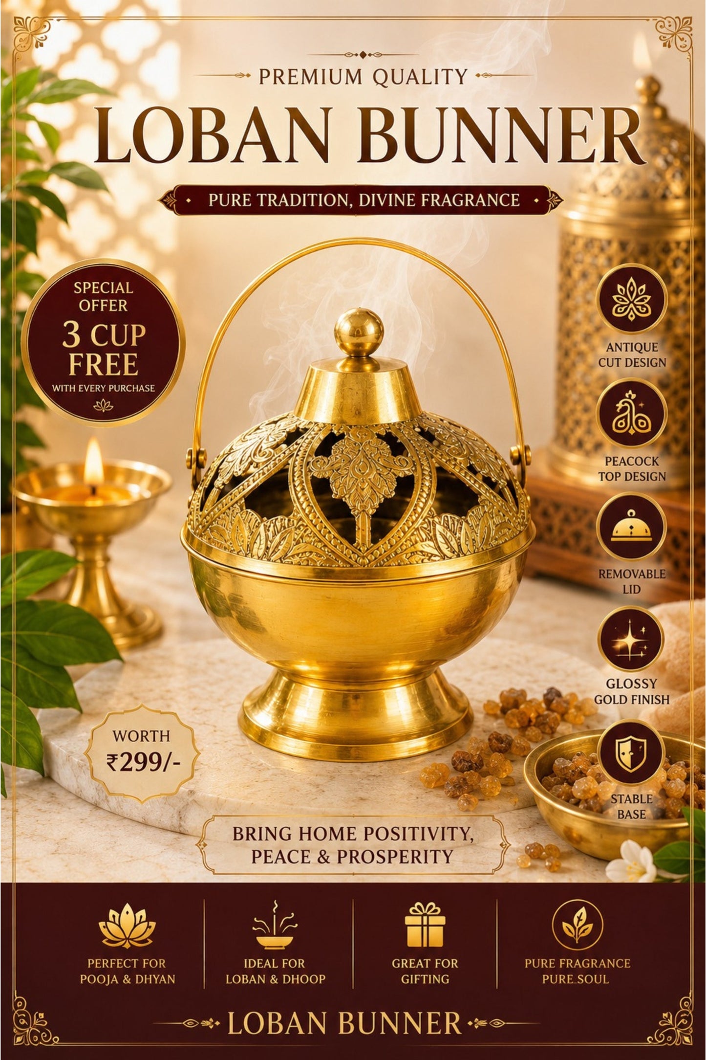 premium brass metal incense burner with handle handcrafted dhoop dani for sambrani loban dhoop cups resin incense decorative smoke diffuser for home temple pooja room
