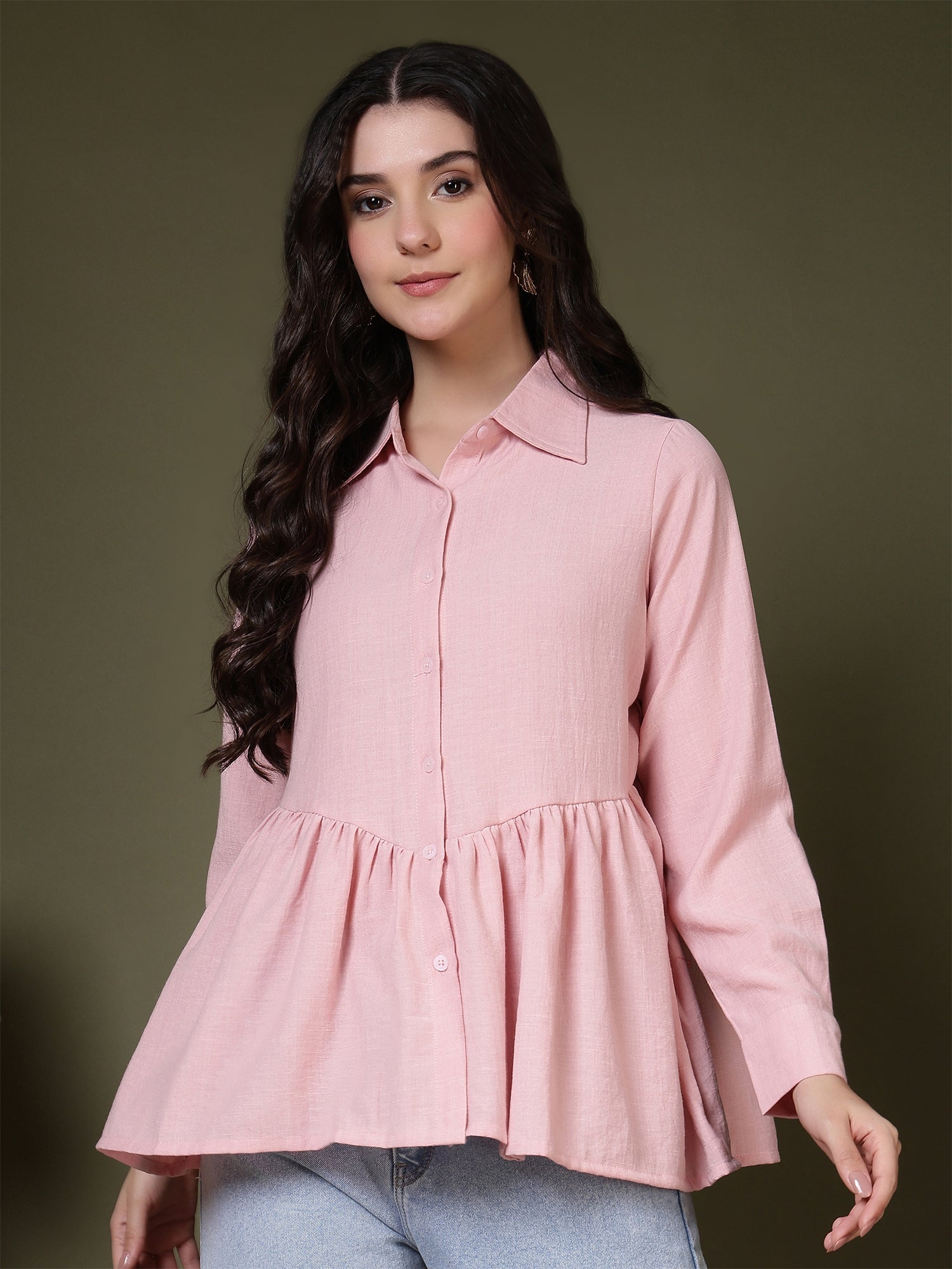 women s pink peplum button down casual shirt