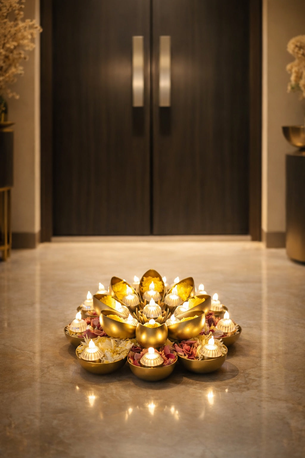 golden metal urli cum tealight holder set decorative diya flower urli for festive home decor