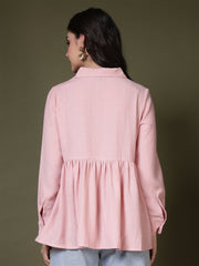 women s pink peplum button down casual shirt