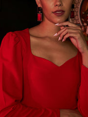 athena red sweetheart neck puff sleeves regular top