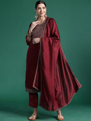 Maroon Embroidered Straight Kurta Trousers With Dupatta set