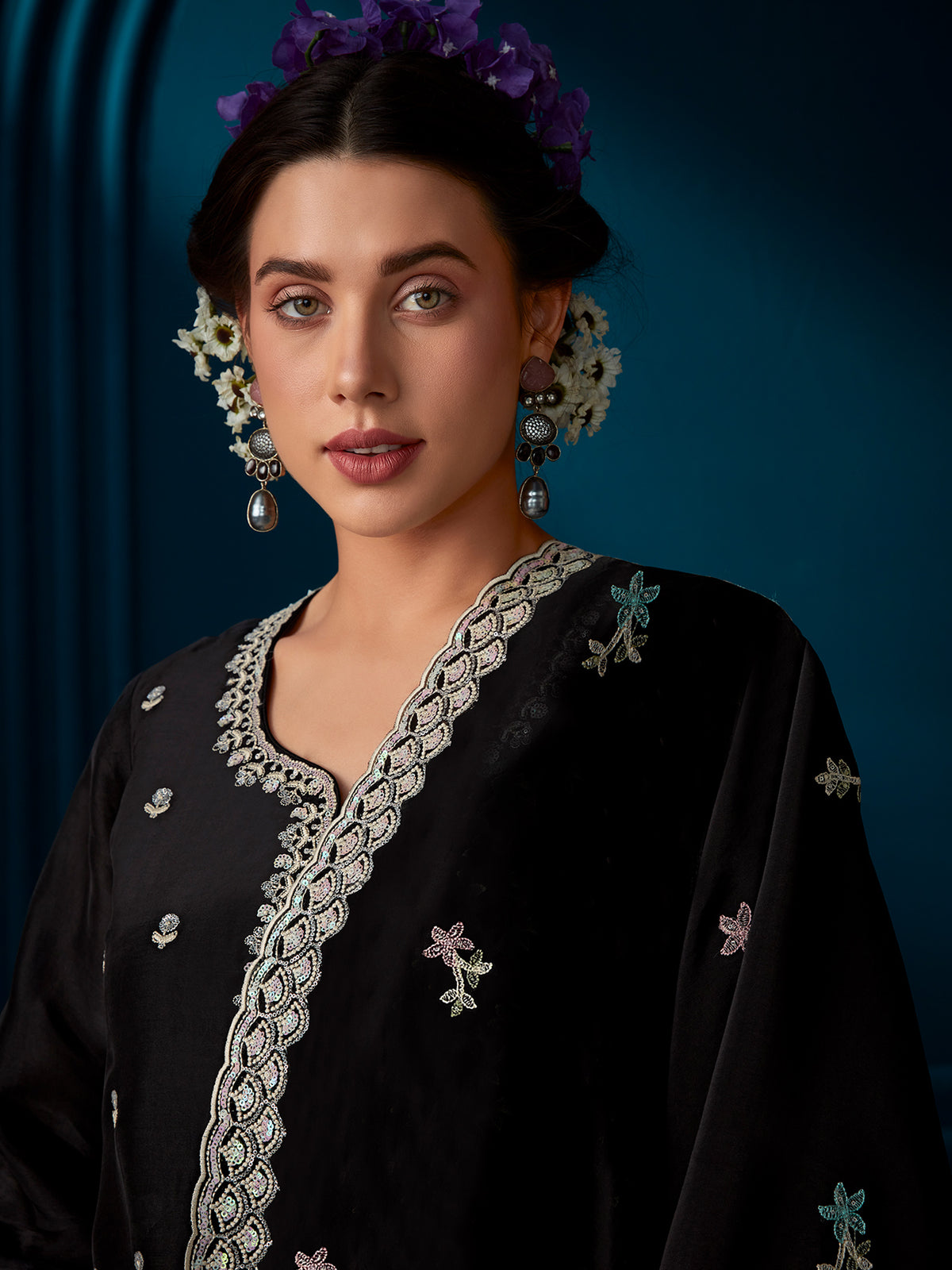 Black Straight Embroidered Kurta Trousers With Dupatta Set-KH9BK6327