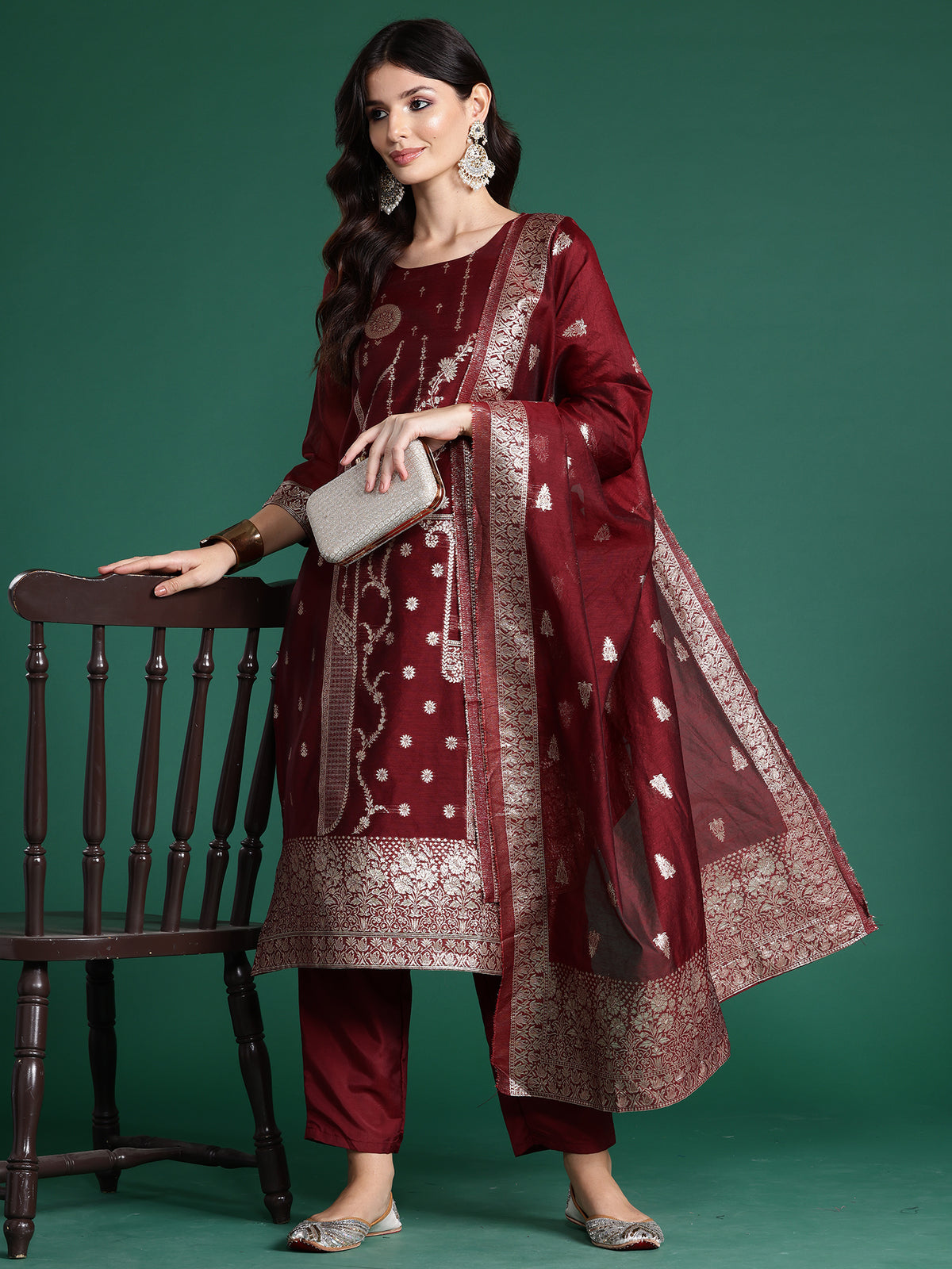 Maroon Woven Design Straight Kurta Trousers With Dupatta Set-KH9MR5537