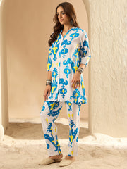 Indo Era - White Printed Straight Kurta Trousers Set