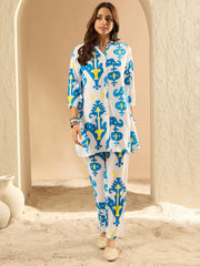 Indo Era - White Printed Straight Kurta Trousers Set