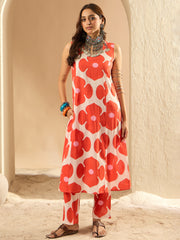 طقم كورتة بيضاء مطبوعة بقصة مستقيمة وبنطال