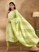 Green Woven Design Straight Kurta Trousers With Dupatta set