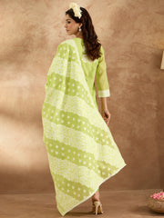 Green Woven Design Straight Kurta Trousers With Dupatta set