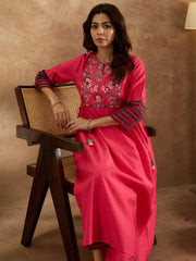 Pink Embroidered A-Line Kurta Trousers Set