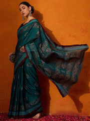 Women's Cotton Teal blue Printed Celebrity Saree With Blouse Piece