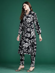 Indo Era - Black Printed Straight Kurta Trousers Set